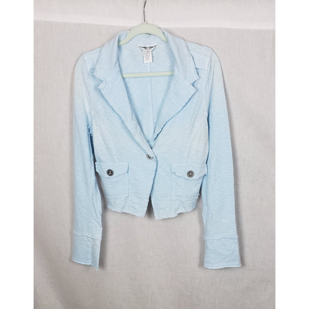 Hard Tail Forever Icy Light Blue Slub Knit Cropped Blazer Jacket L‎ Y2K Spring